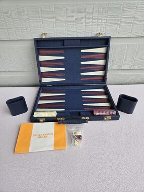 VTG Backgammon Navy & Brown Case Red & Ivory Chips Instructions Set Complete